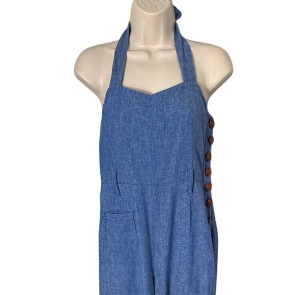 Anthropologie Elevenses Sharlene Halter Linen Blend Denim Jumpsuit Size 6 - Picture 11 of 13